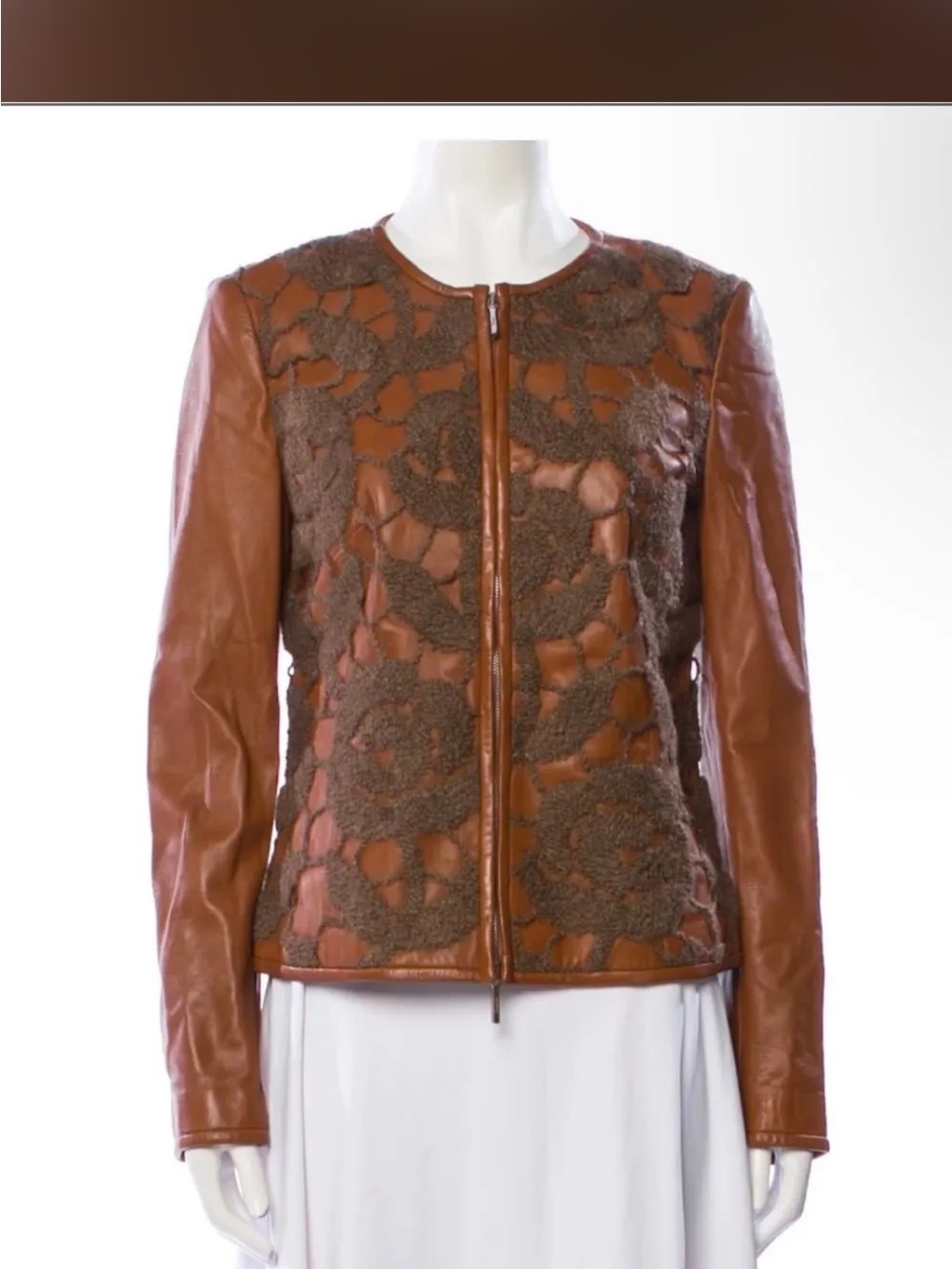 Salvatore Ferragamo Cognac Brown Leather Jacket with Textured Appliqué